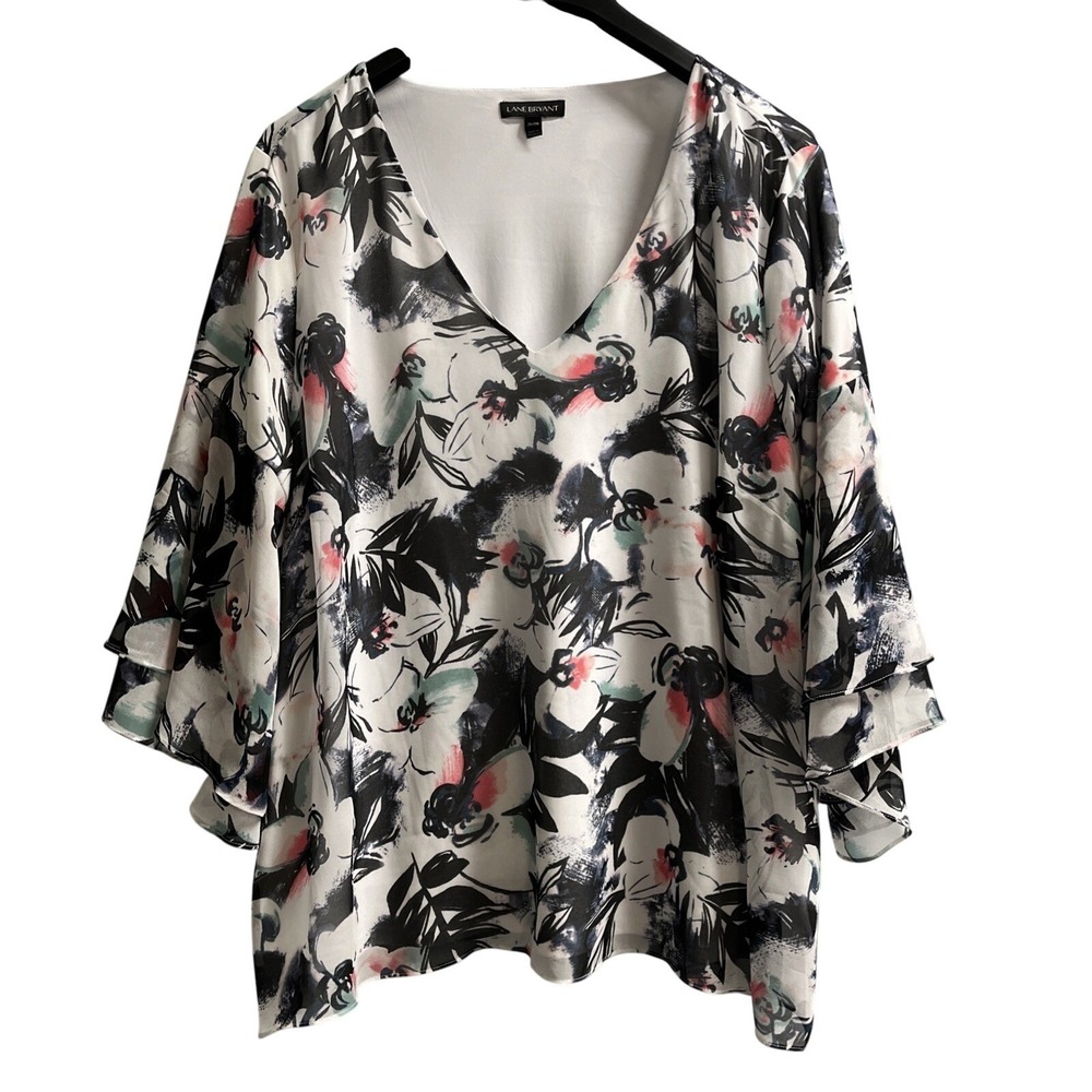 Lane Bryant Top White Sheer‎ Chiffon Black Floral Blouse Tunic Size 26 Flowy